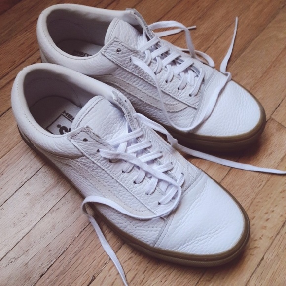 white leather vans gum sole